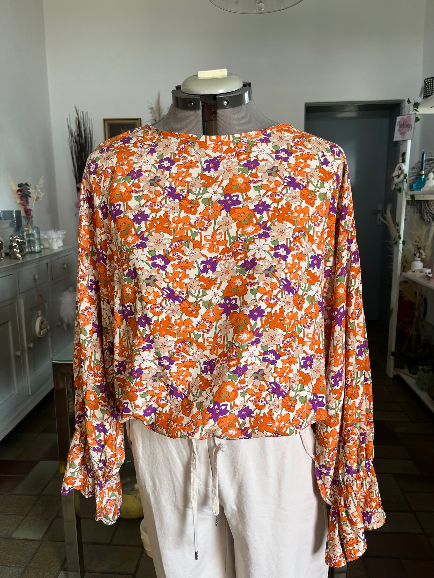 Bluse Langarm gemustert (beige-orange-lila-grün)